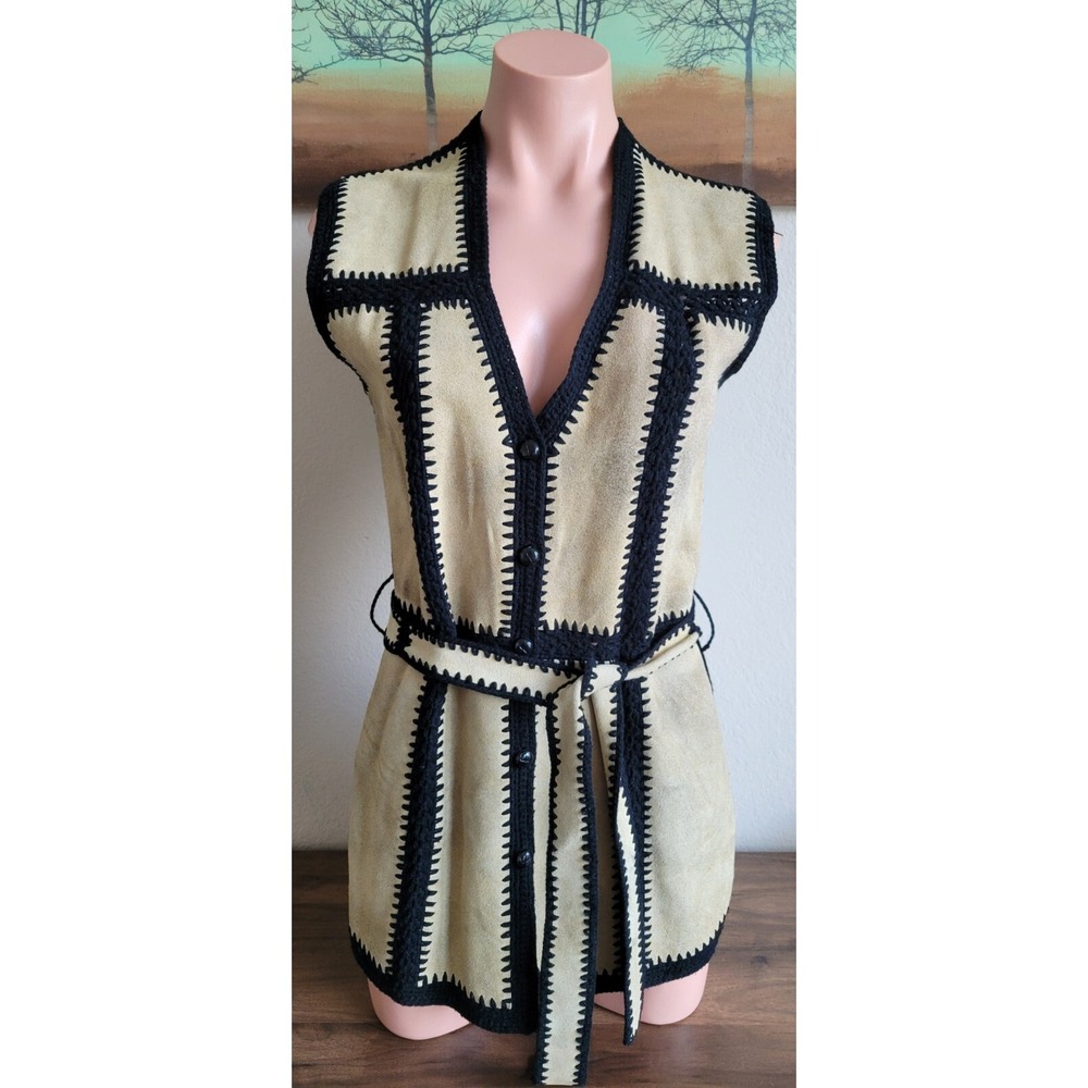 Vintage 70s Leather & Acrylic Sweater Vest M L Patchwork Belted Hippie Western